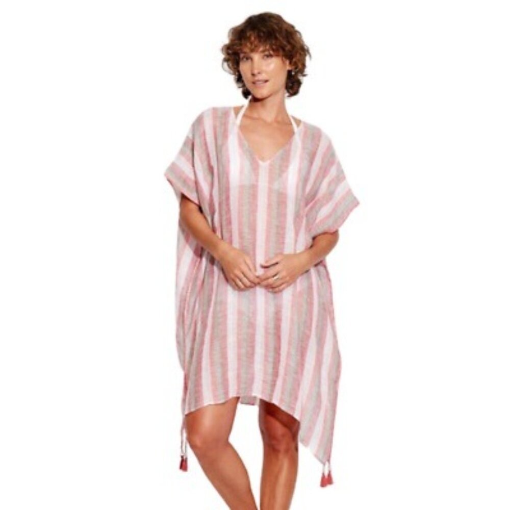 Seagull Striped V-Neck Tassel Hem Beach Cover-Up Poncho Kaftan Vacation One Size